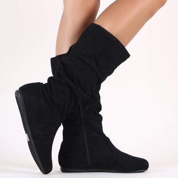 New Black Slouchy Faux Suede Mid Calf Flat Boots Round Toe Zip Pull-On - Picture 2 of 4